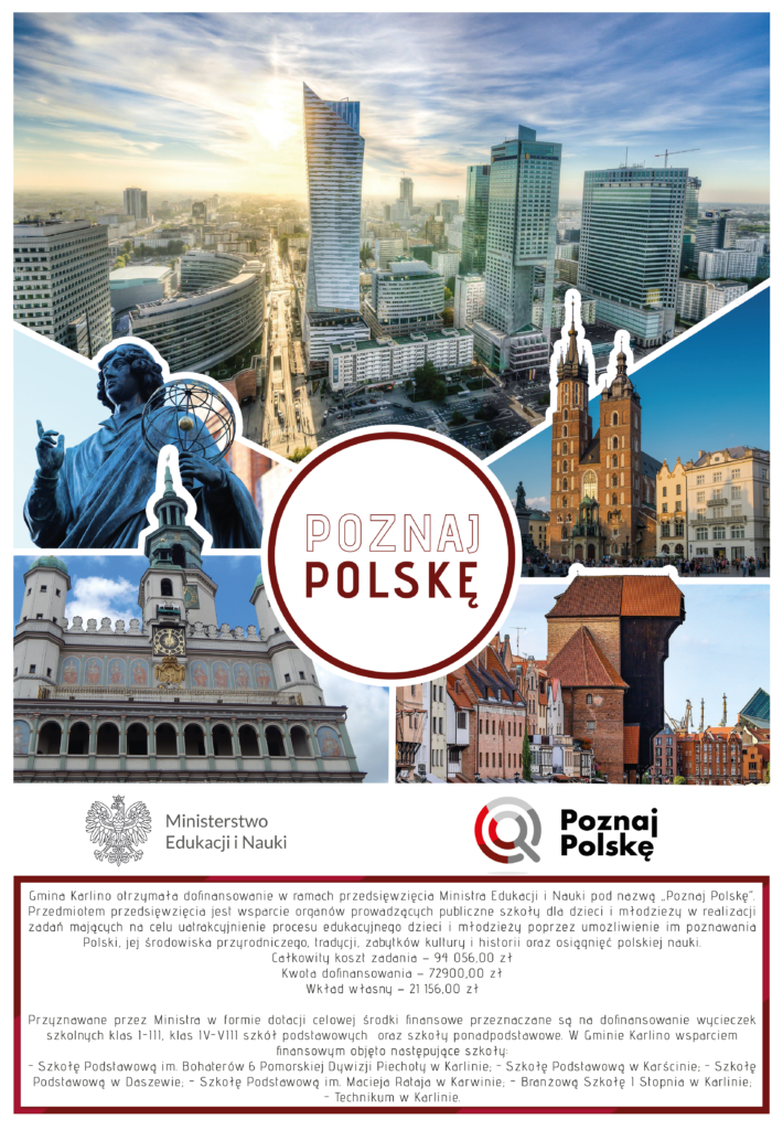 Plakat pokazuje jedne z najbardziej znanych miast w Polsce oraz informację na temat dotacji.